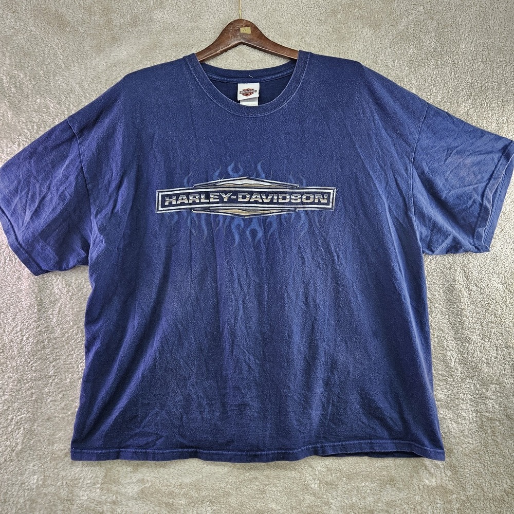Vintage Harley Davidson T Shirt Mens 3XL Made in USA Blue Flame Chrome Beefy T